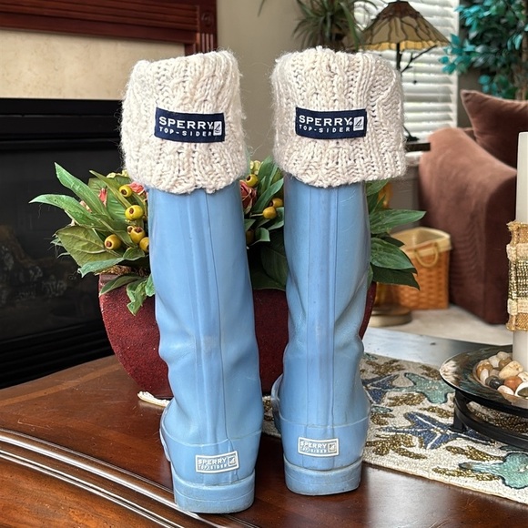 Sperry Vintage Blue Tall Rubber Boots Waterproof w/ Cream Knit Sequin Boot Socks - Picture 3 of 16